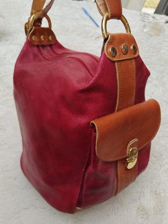 Valentina Handbags - Vintage VALENTINA Italy Genuine Leather Handbag Burgundy & Cognac Brown